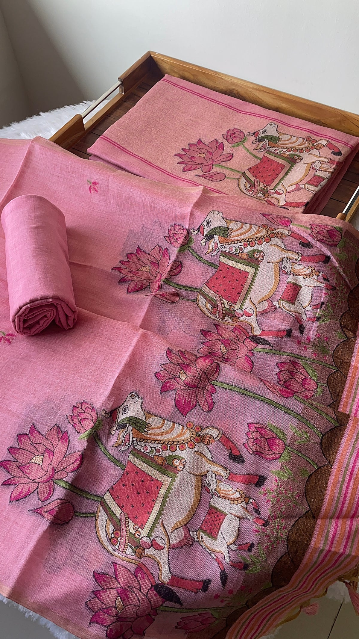 Aria Pink Muga Cotton Jamdani Pichwai Unstitched Suit Set