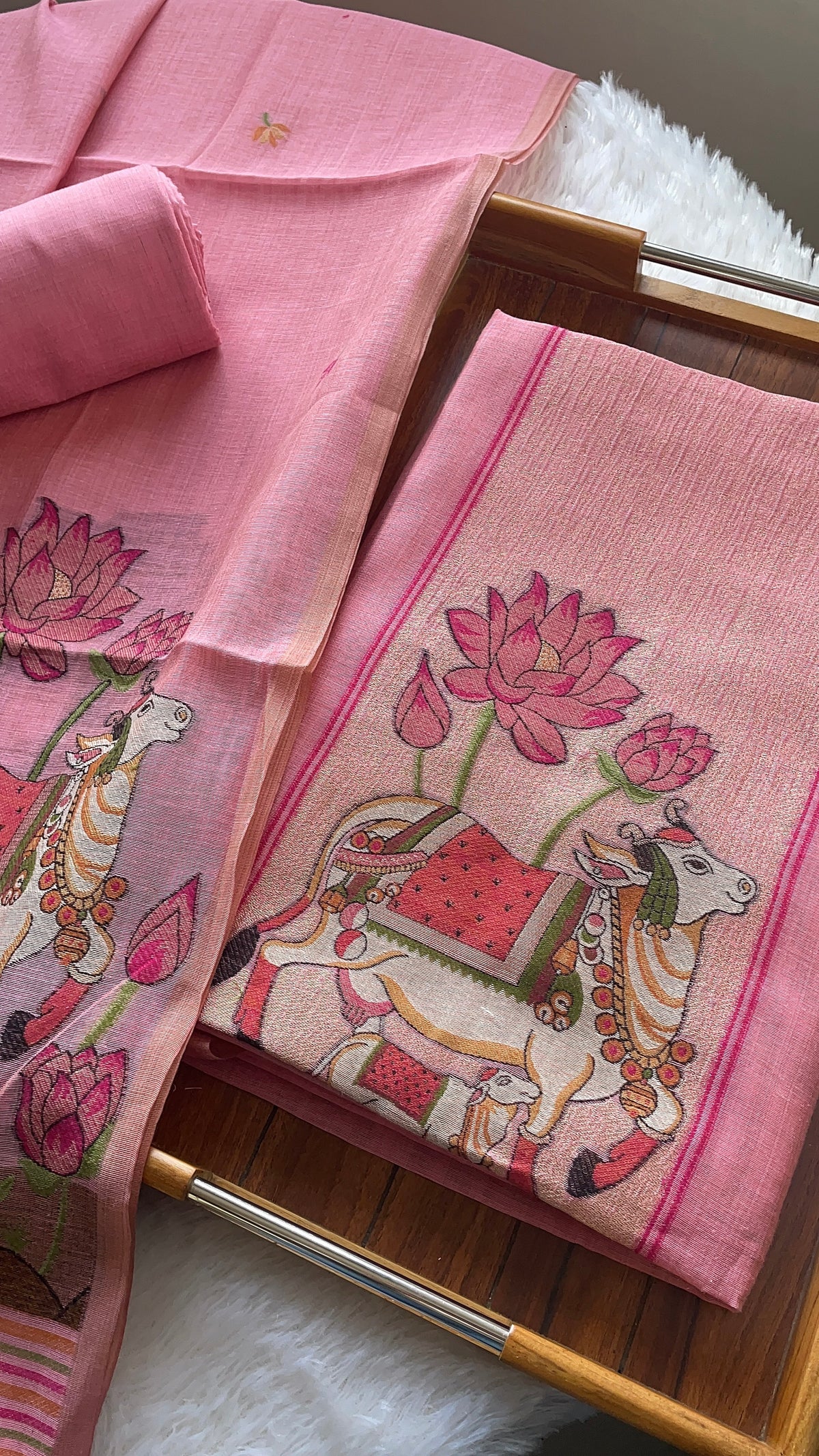 Aria Pink Muga Cotton Jamdani Pichwai Unstitched Suit Set