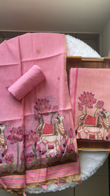Aria Pink Muga Cotton Jamdani Pichwai Unstitched Suit Set