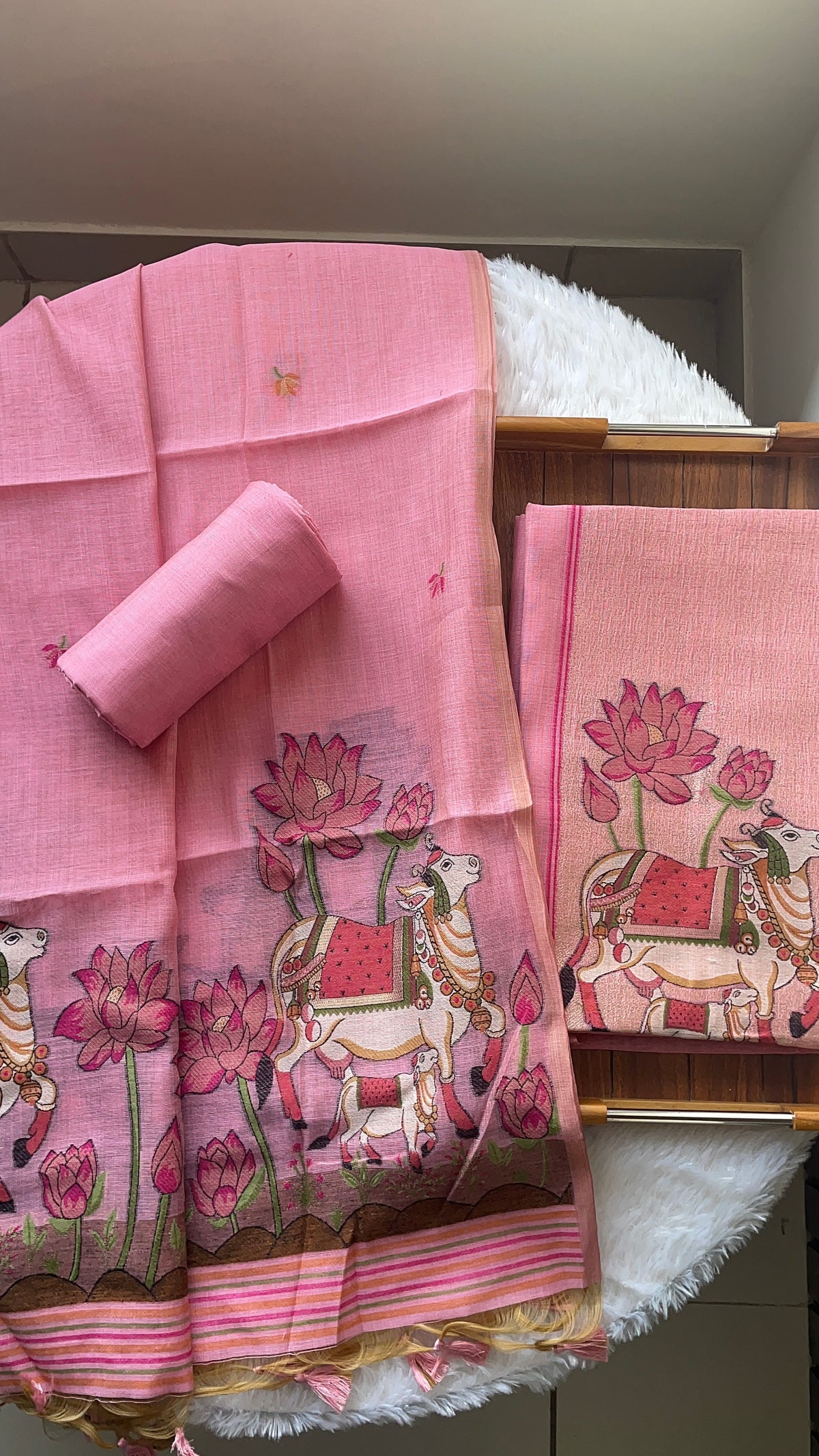 Aria Pink Muga Cotton Jamdani Pichwai Unstitched Suit Set