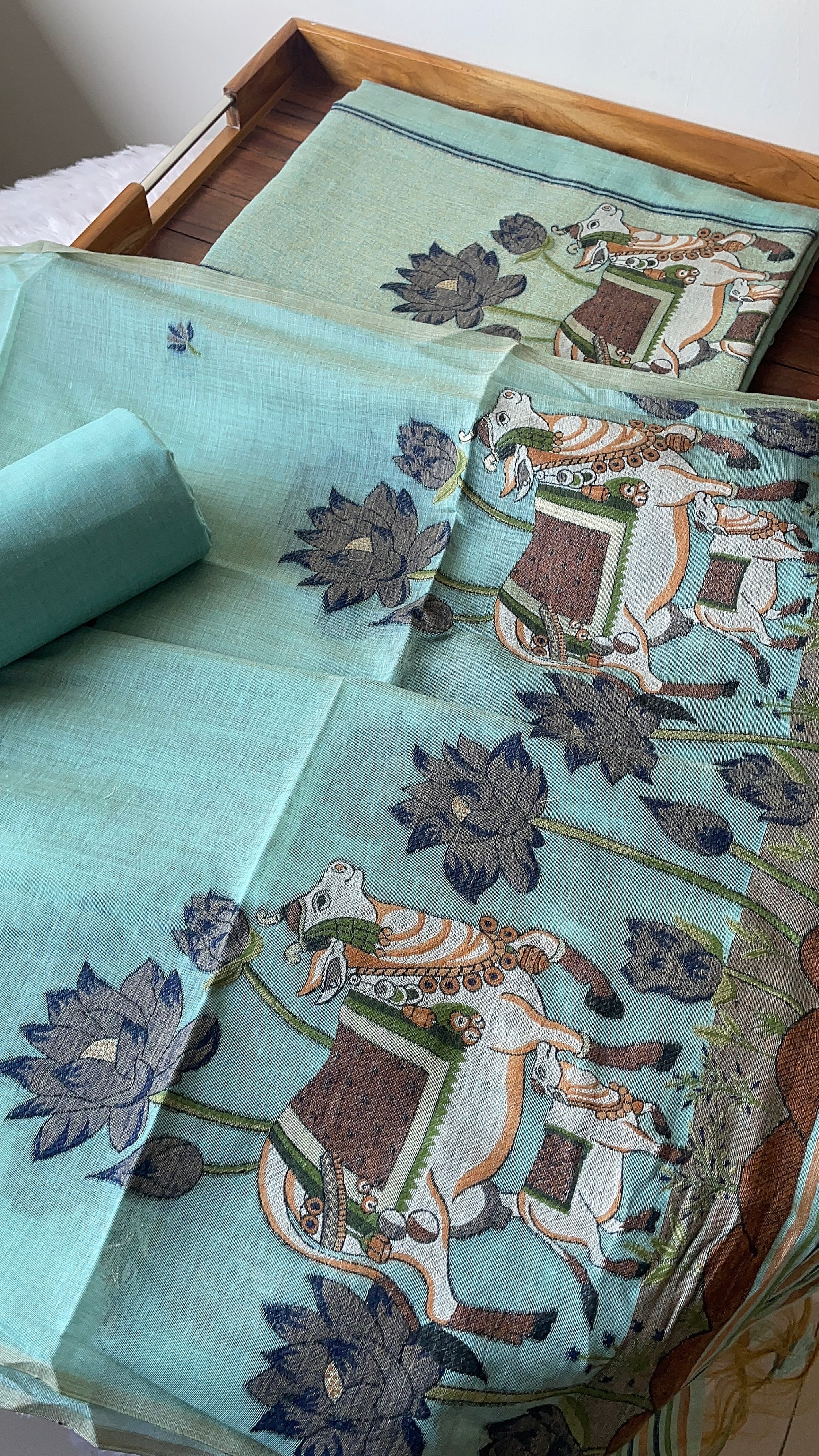 Aria Blue Muga Cotton Jamdani Pichwai Unstitched Suit Set