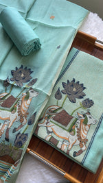 Load image into Gallery viewer, Aria Blue Muga Cotton Jamdani Pichwai Unstitched Suit Set