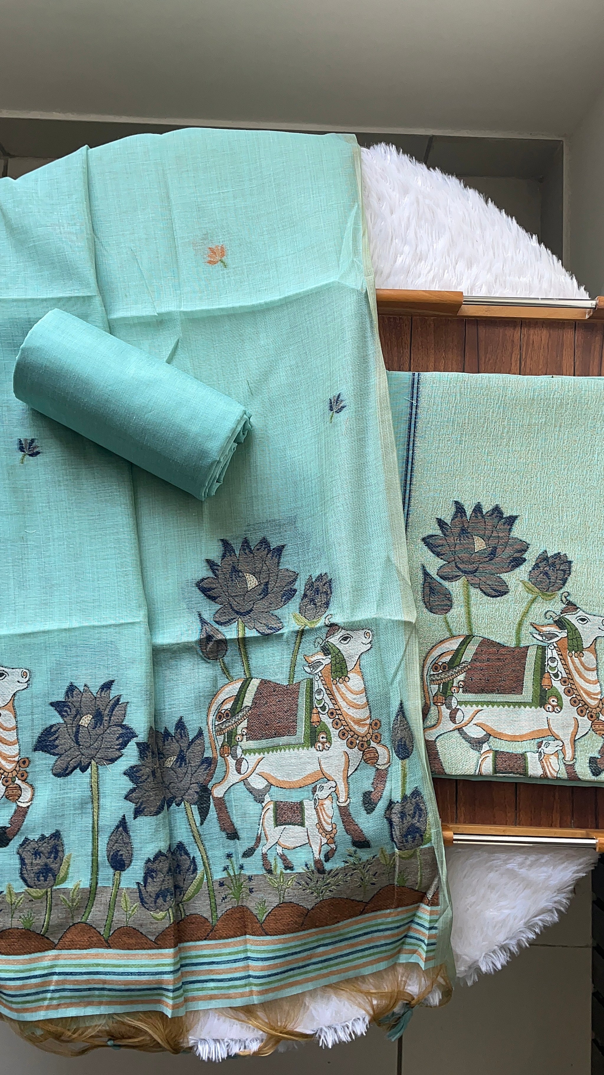 Aria Blue Muga Cotton Jamdani Pichwai Unstitched Suit Set