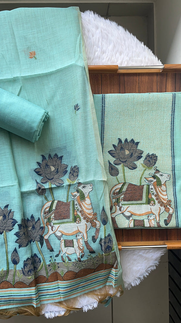 Aria Blue Muga Cotton Jamdani Pichwai Unstitched Suit Set