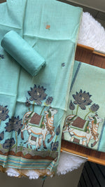 Load image into Gallery viewer, Aria Blue Muga Cotton Jamdani Pichwai Unstitched Suit Set