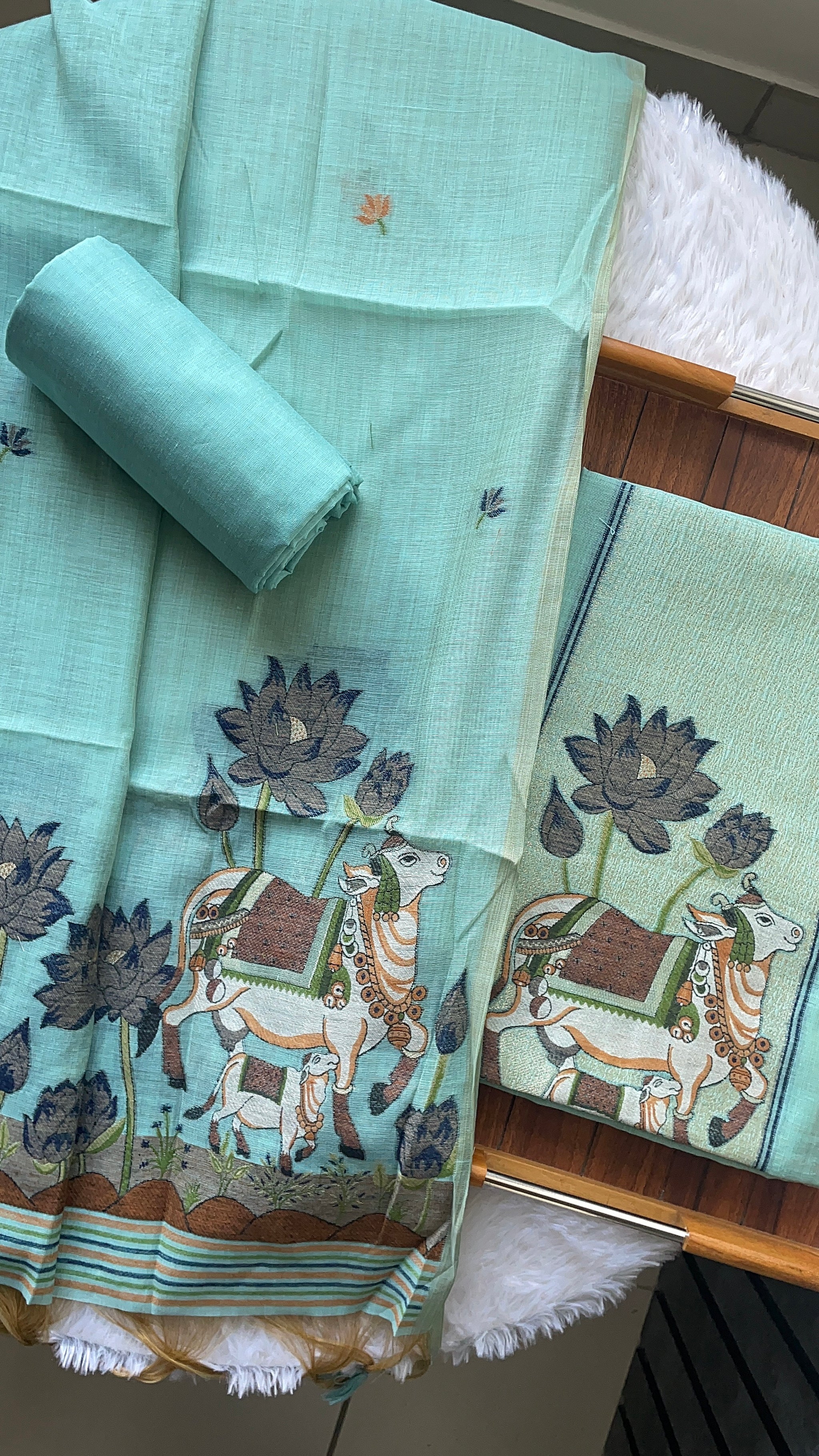 Aria Blue Muga Cotton Jamdani Pichwai Unstitched Suit Set