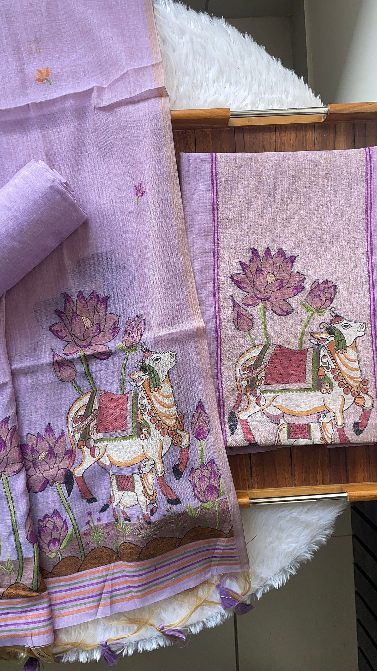 Aria Lavender Muga Cotton Jamdani Pichwai Unstitched Suit Set