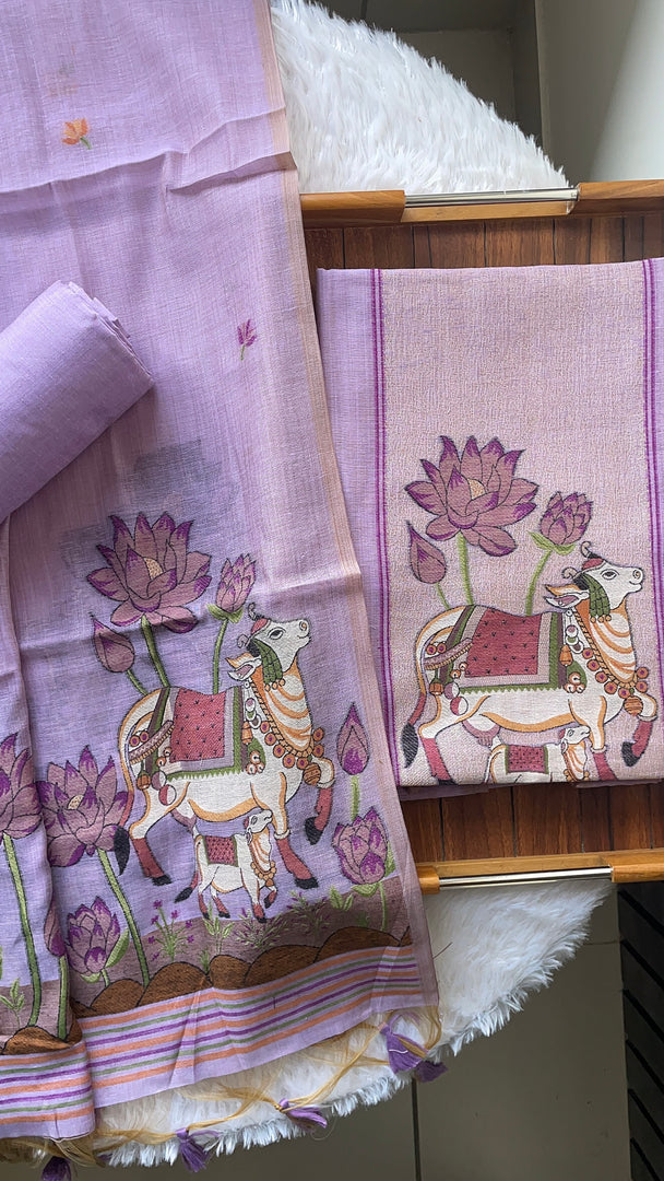 Aria Lavender Muga Cotton Jamdani Pichwai Unstitched Suit Set