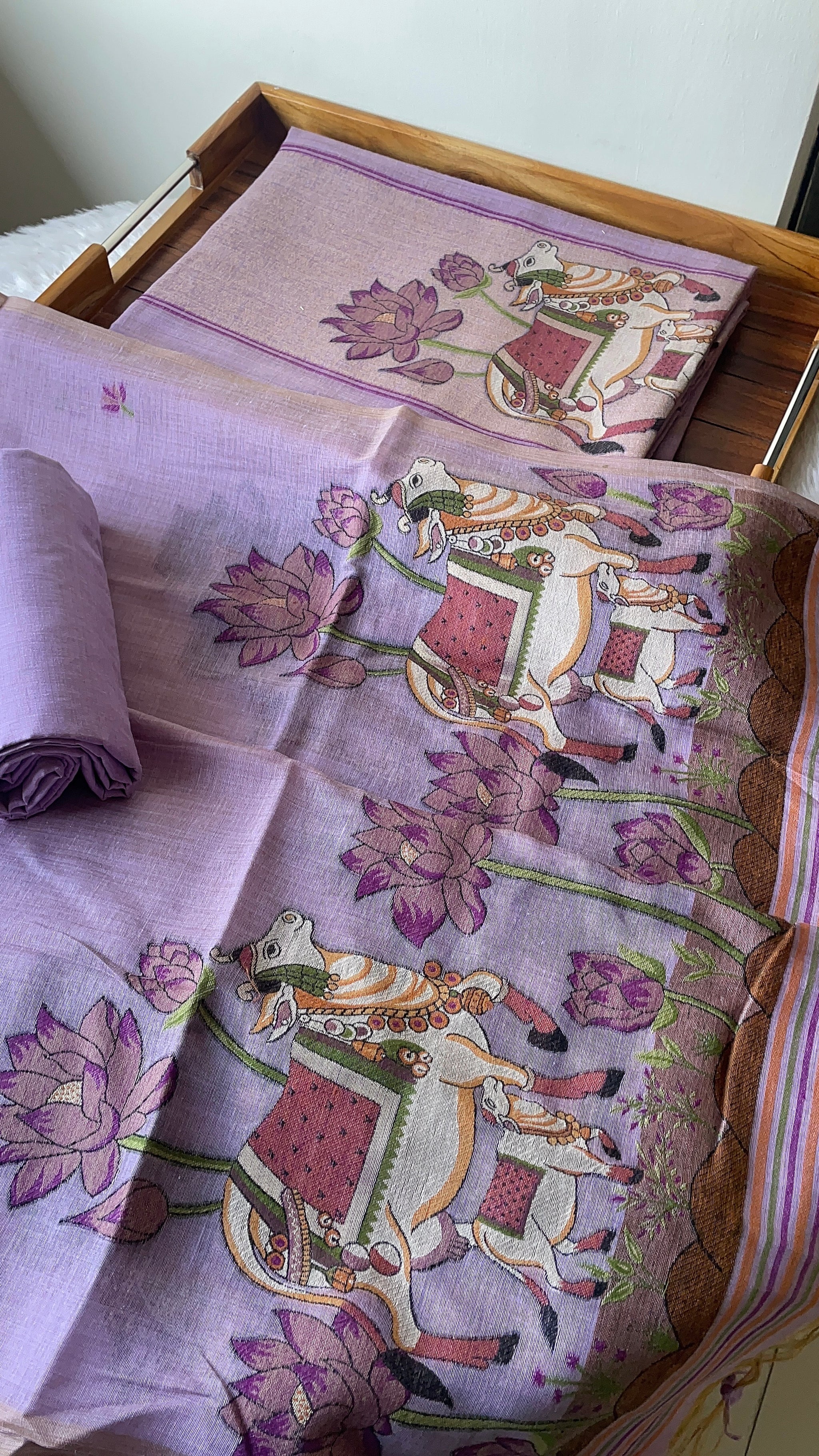 Aria Lavender Muga Cotton Jamdani Pichwai Unstitched Suit Set