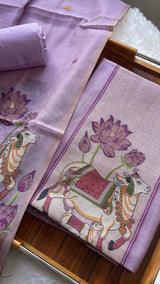 Aria Lavender Muga Cotton Jamdani Pichwai Unstitched Suit Set