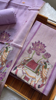 Aria Lavender Muga Cotton Jamdani Pichwai Unstitched Suit Set