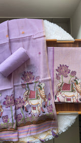Aria Lavender Muga Cotton Jamdani Pichwai Unstitched Suit Set