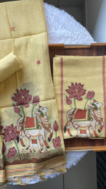 Load image into Gallery viewer, Aria Yellow Muga Cotton Jamdani Pichwai Unstitched Suit Set