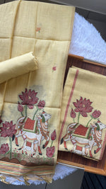 Load image into Gallery viewer, Aria Yellow Muga Cotton Jamdani Pichwai Unstitched Suit Set