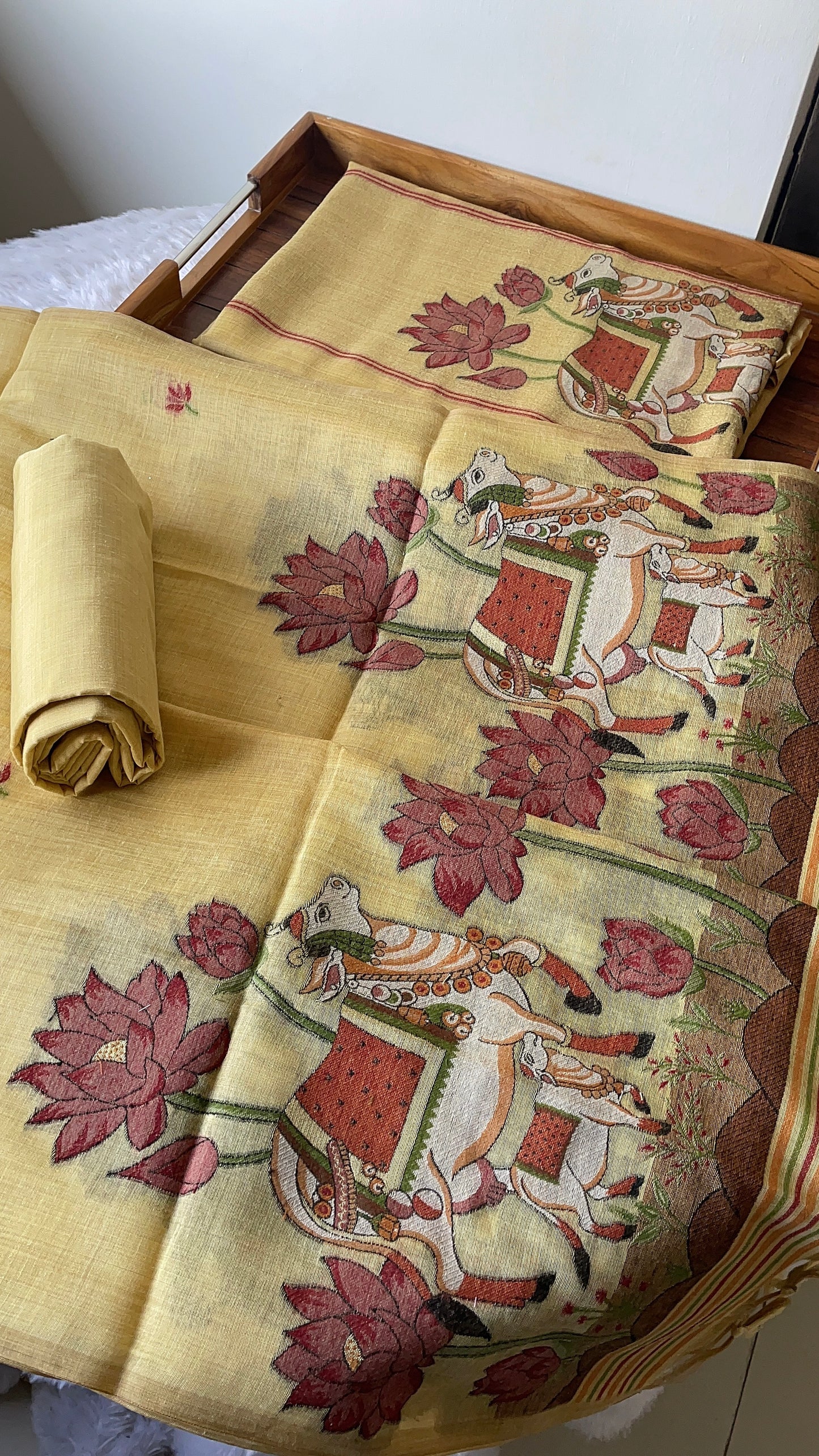 Aria Yellow Muga Cotton Jamdani Pichwai Unstitched Suit Set