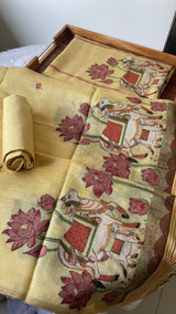 Aria Yellow Muga Cotton Jamdani Pichwai Unstitched Suit Set