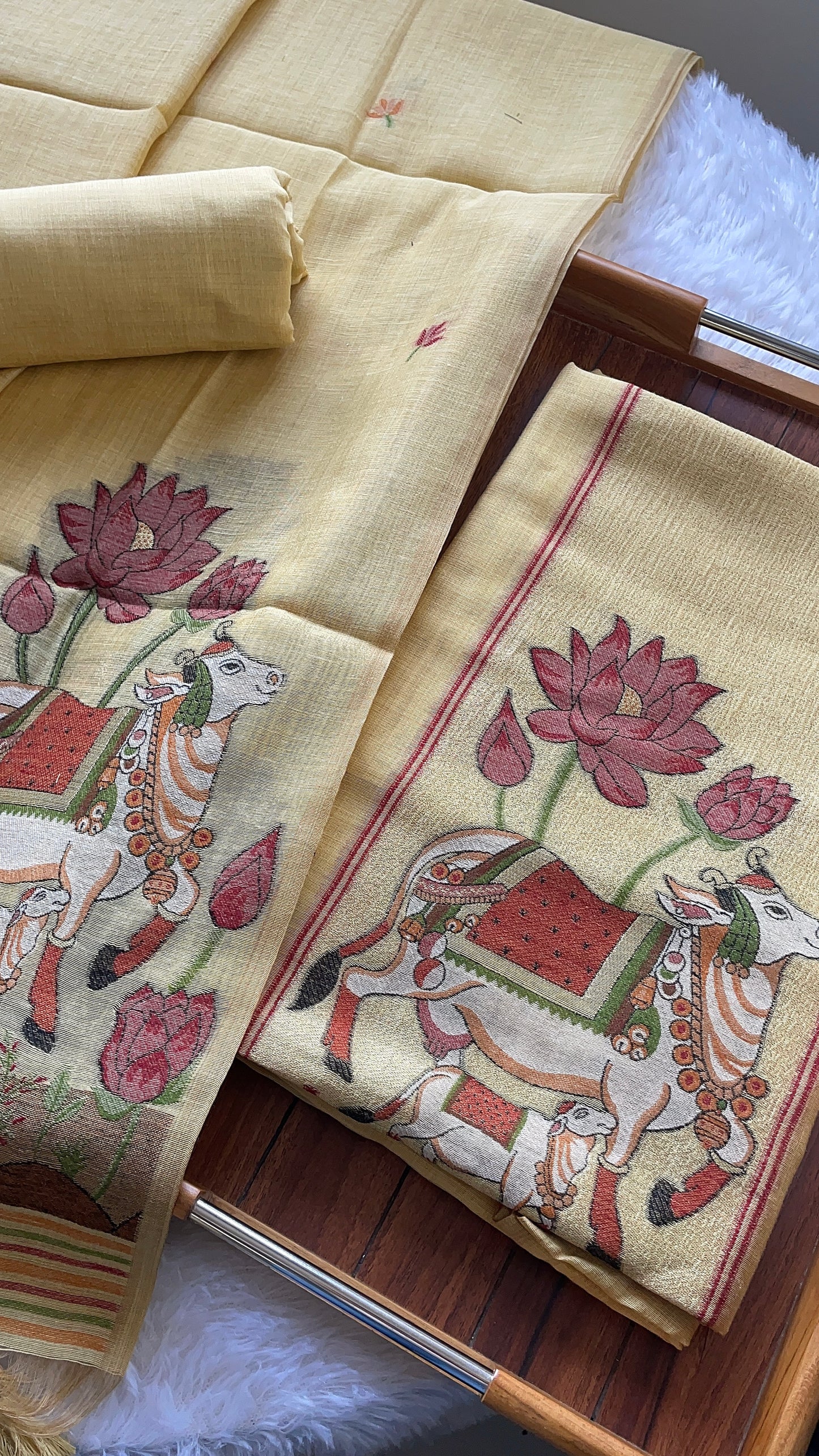 Aria Yellow Muga Cotton Jamdani Pichwai Unstitched Suit Set