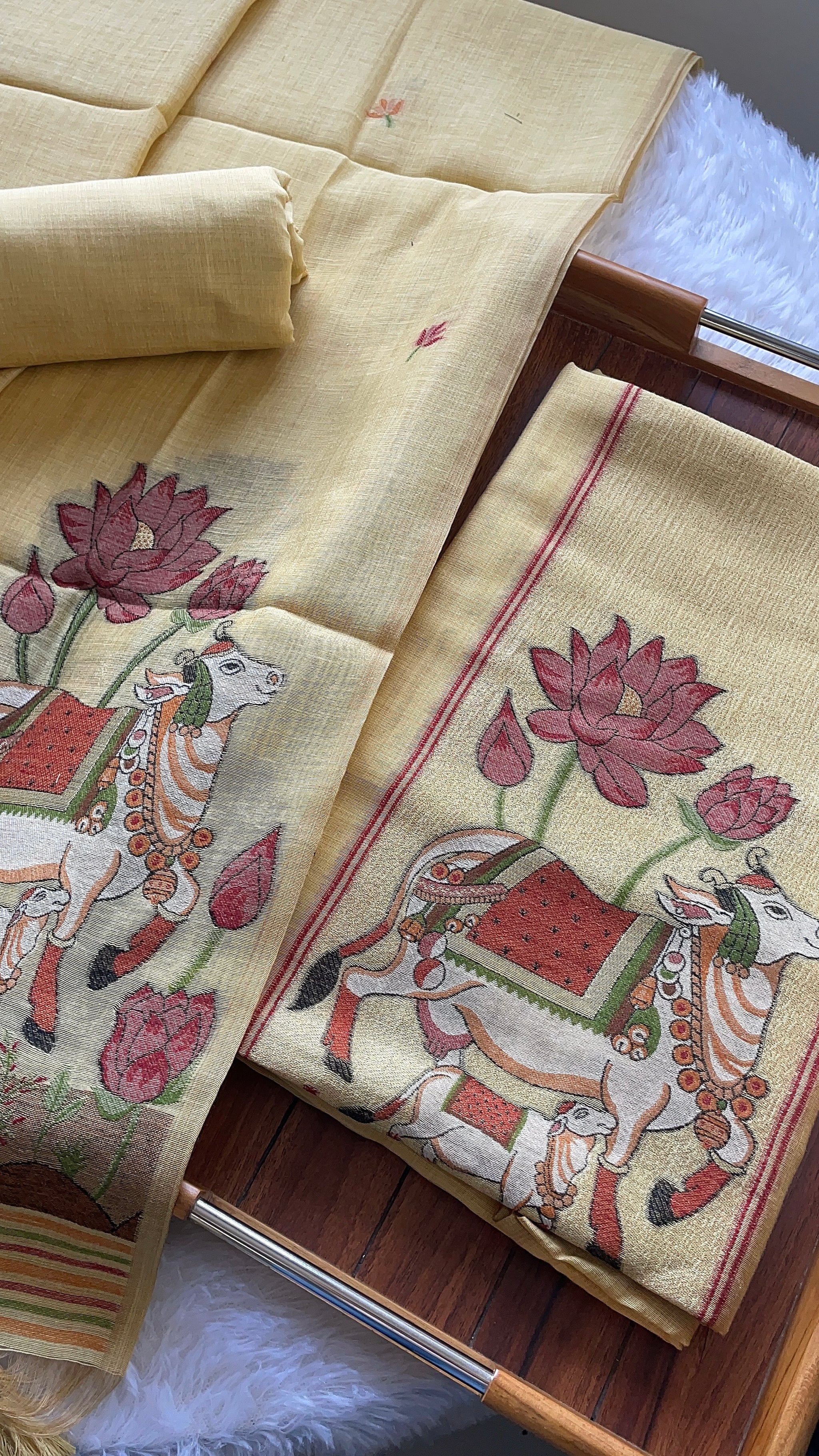 Aria Yellow Muga Cotton Jamdani Pichwai Unstitched Suit Set