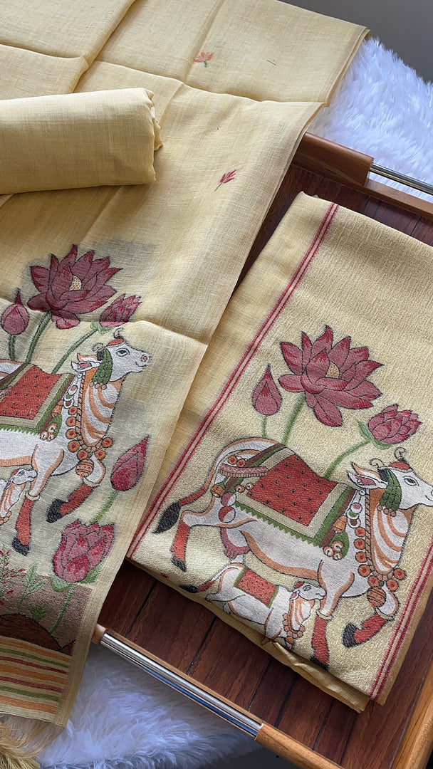 Aria Yellow Muga Cotton Jamdani Pichwai Unstitched Suit Set