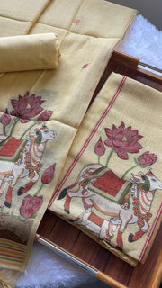 Aria Yellow Muga Cotton Jamdani Pichwai Unstitched Suit Set