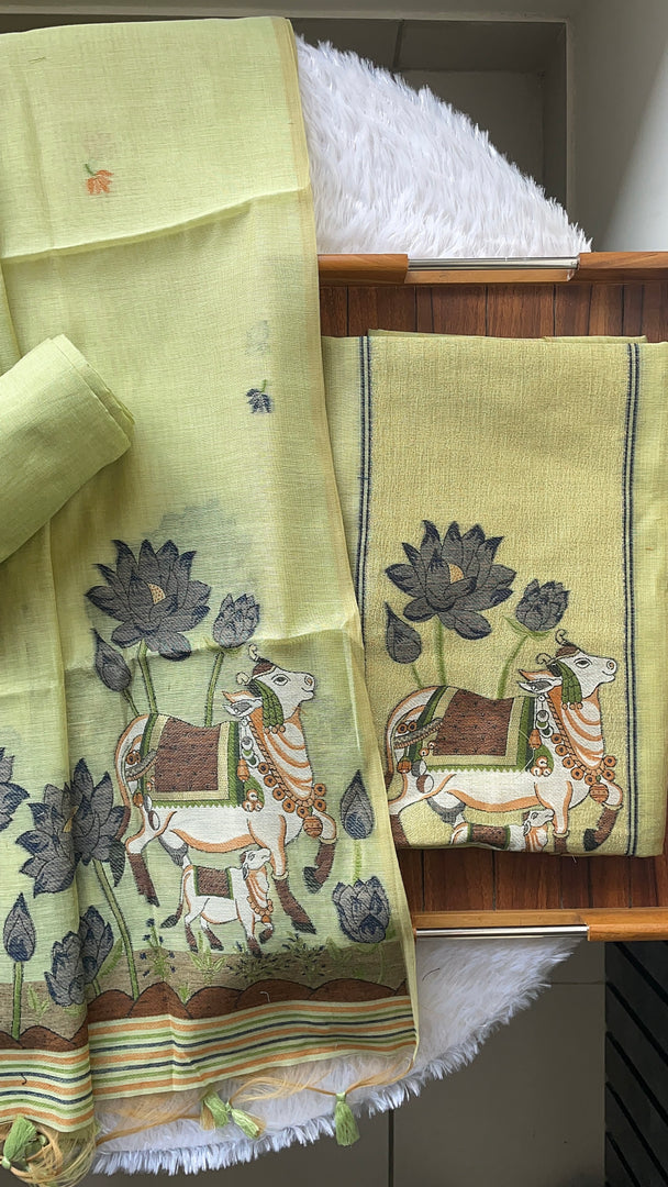 Aria Pista Green Muga Cotton Jamdani Pichwai Unstitched Suit Set