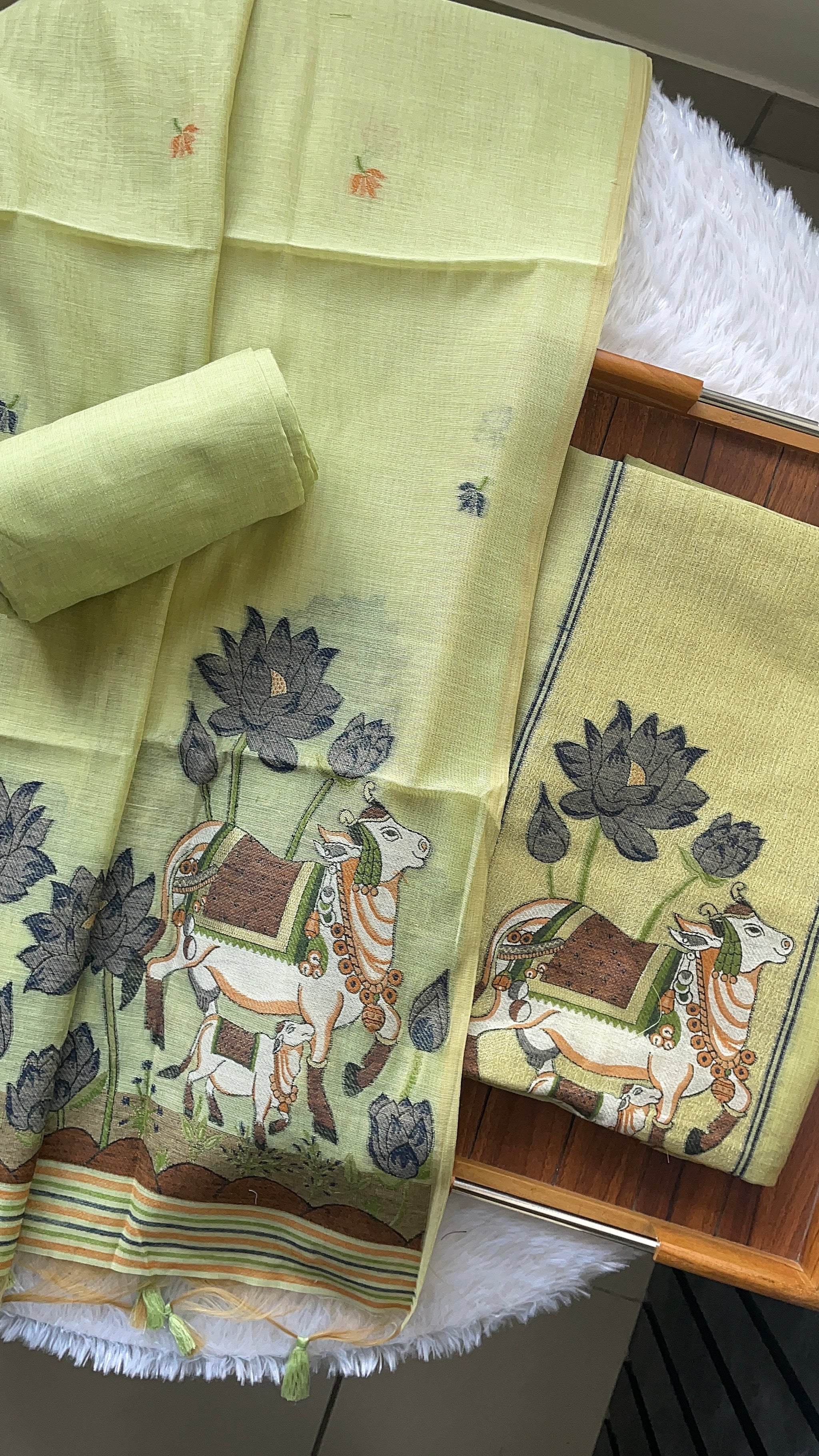 Aria Pista Green Muga Cotton Jamdani Pichwai Unstitched Suit Set