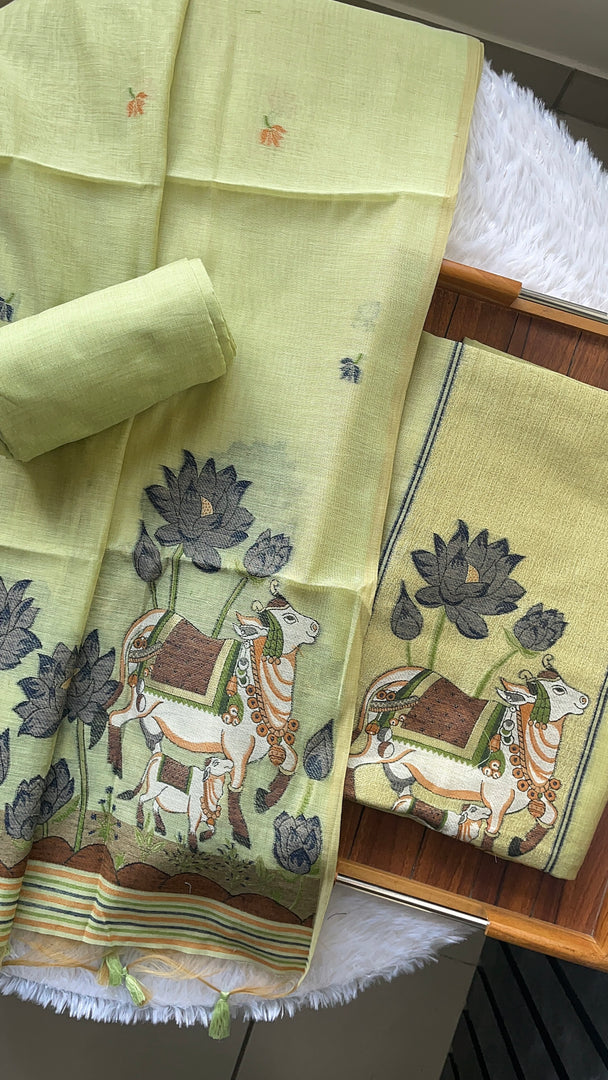 Aria Pista Green Muga Cotton Jamdani Pichwai Unstitched Suit Set