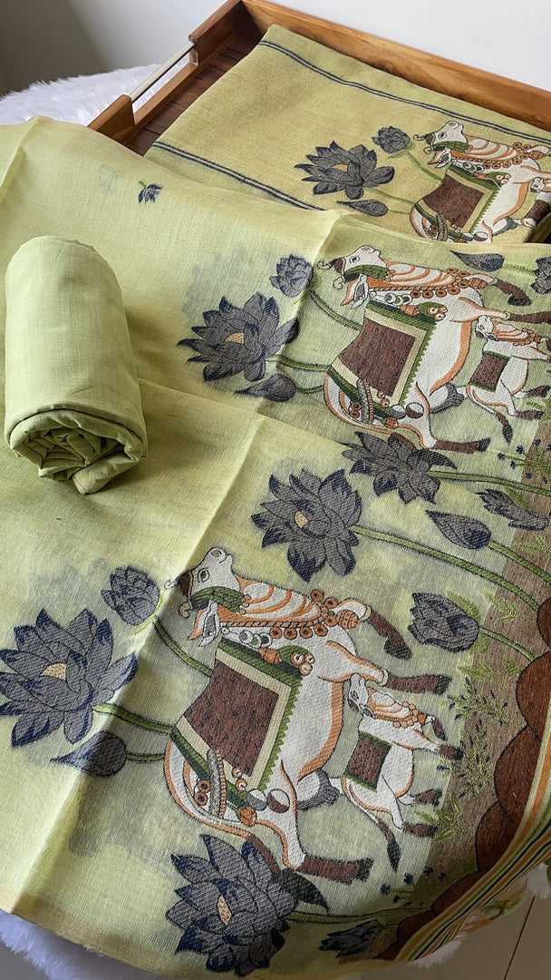 Aria Pista Green Muga Cotton Jamdani Pichwai Unstitched Suit Set