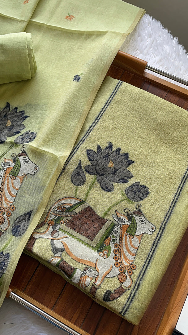 Aria Pista Green Muga Cotton Jamdani Pichwai Unstitched Suit Set