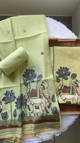 Aria Pista Green Muga Cotton Jamdani Pichwai Unstitched Suit Set
