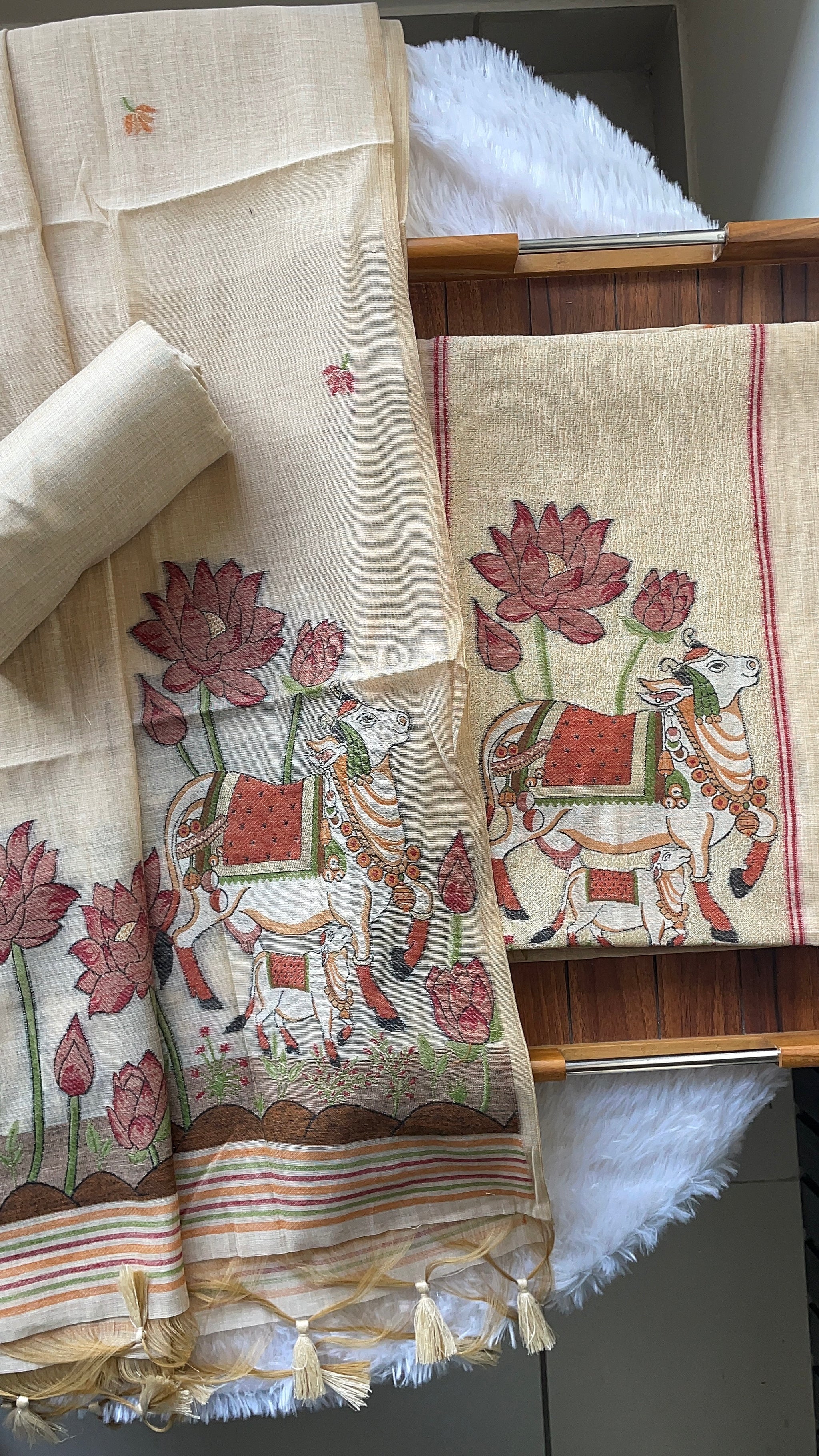 Aria Beige Muga Cotton Jamdani Pichwai Unstitched Suit Set