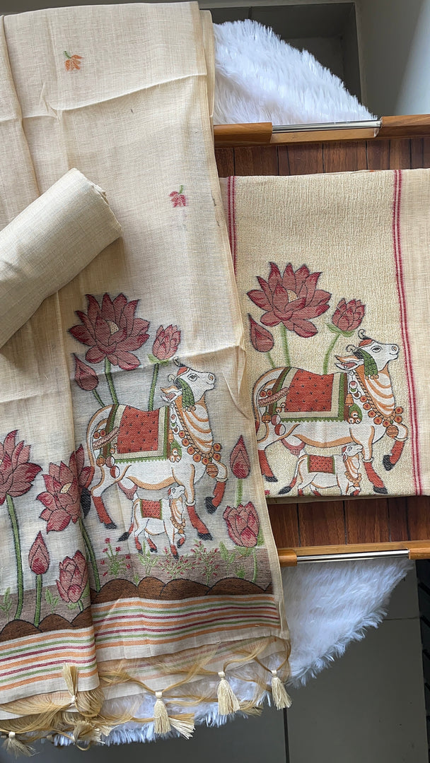 Aria Beige Muga Cotton Jamdani Pichwai Unstitched Suit Set