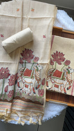 Load image into Gallery viewer, Aria Beige Muga Cotton Jamdani Pichwai Unstitched Suit Set