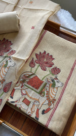 Load image into Gallery viewer, Aria Beige Muga Cotton Jamdani Pichwai Unstitched Suit Set