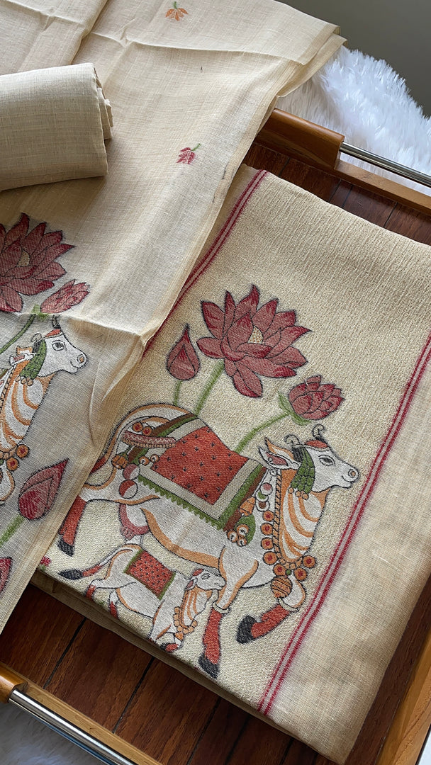 Aria Beige Muga Cotton Jamdani Pichwai Unstitched Suit Set