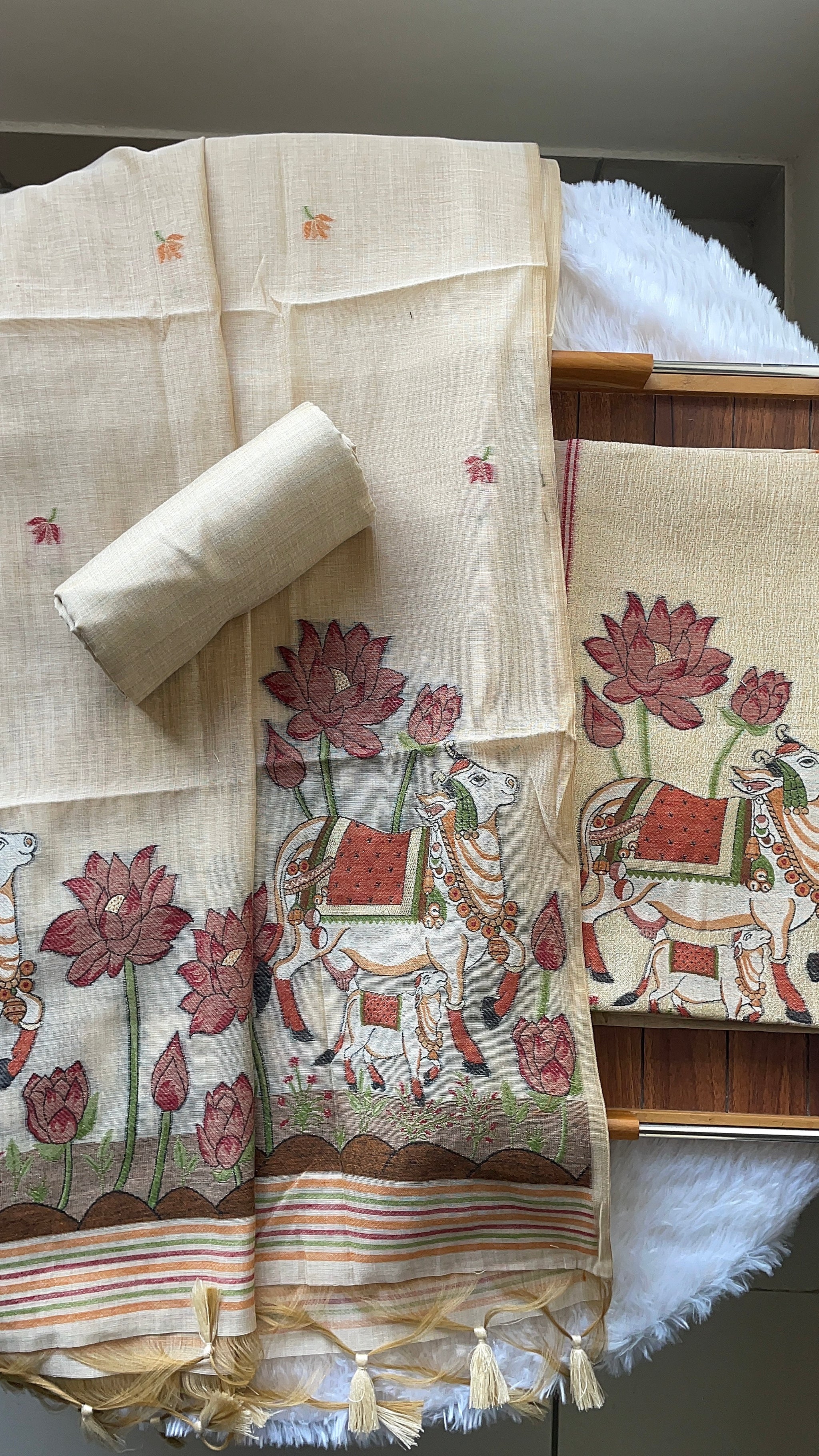 Aria Beige Muga Cotton Jamdani Pichwai Unstitched Suit Set