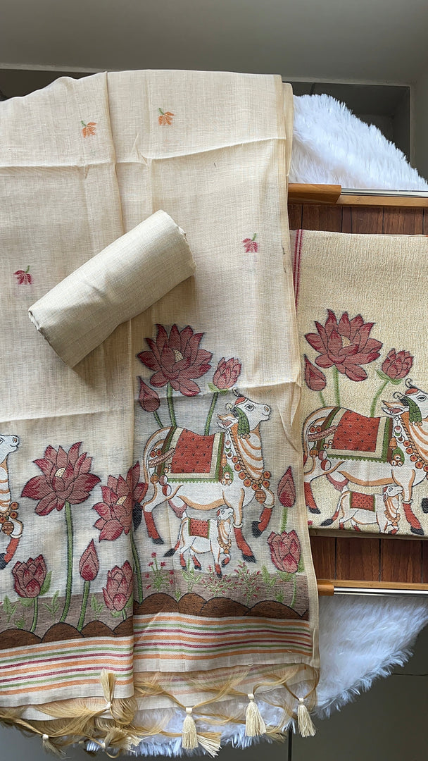 Aria Beige Muga Cotton Jamdani Pichwai Unstitched Suit Set