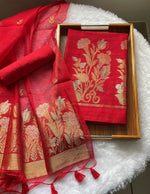 Load image into Gallery viewer, Woven Whispers Red Jamdani Muga Silk Unstitched Suit Set
