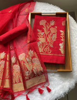 Woven Whispers Red Jamdani Muga Silk Unstitched Suit Set