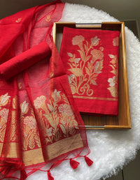 Woven Whispers Red Jamdani Muga Silk Unstitched Suit Set