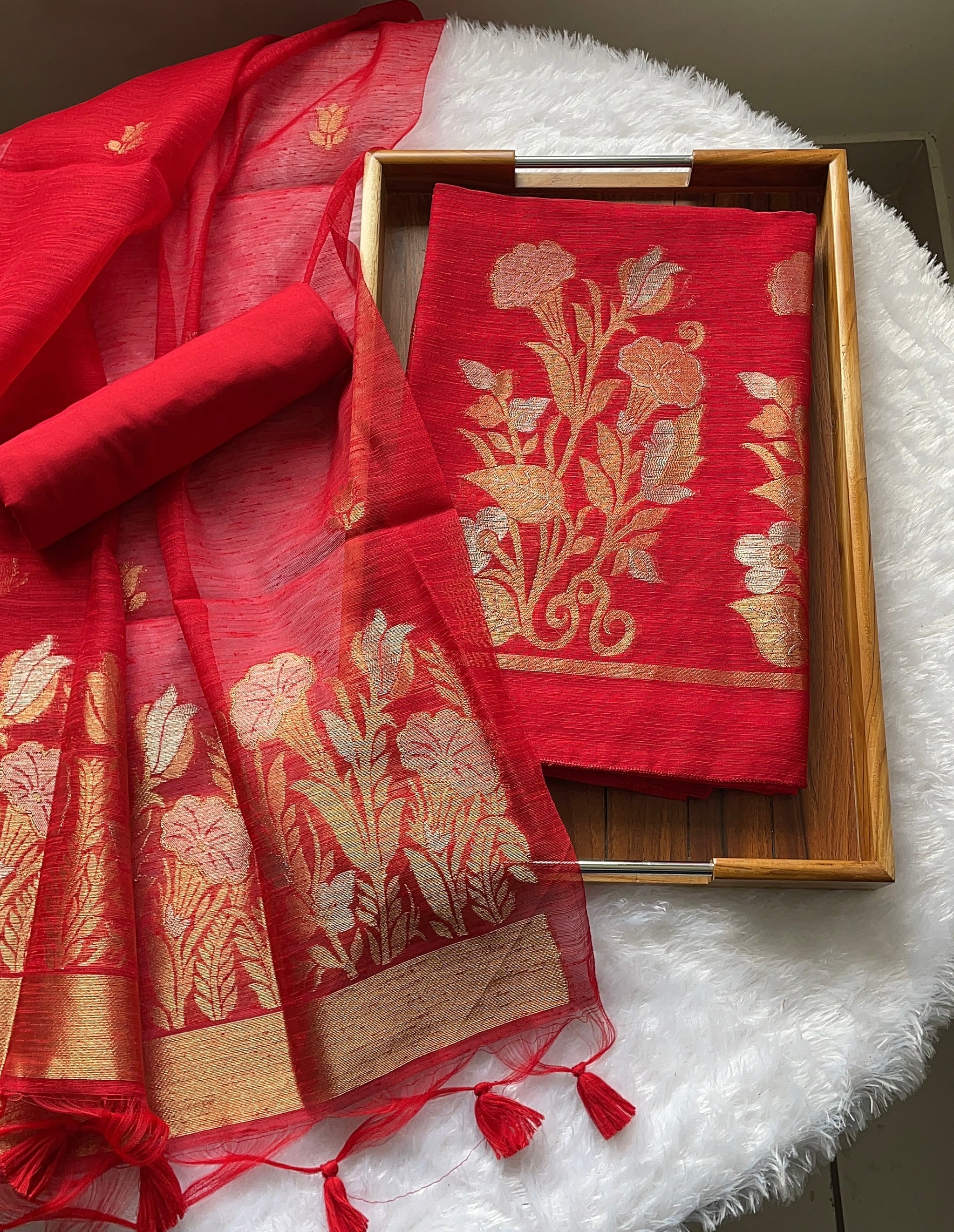 Woven Whispers Red Jamdani Muga Silk Unstitched Suit Set