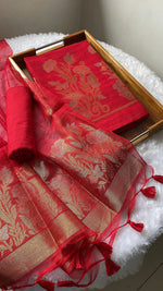 Load image into Gallery viewer, Woven Whispers Red Jamdani Muga Silk Unstitched Suit Set

