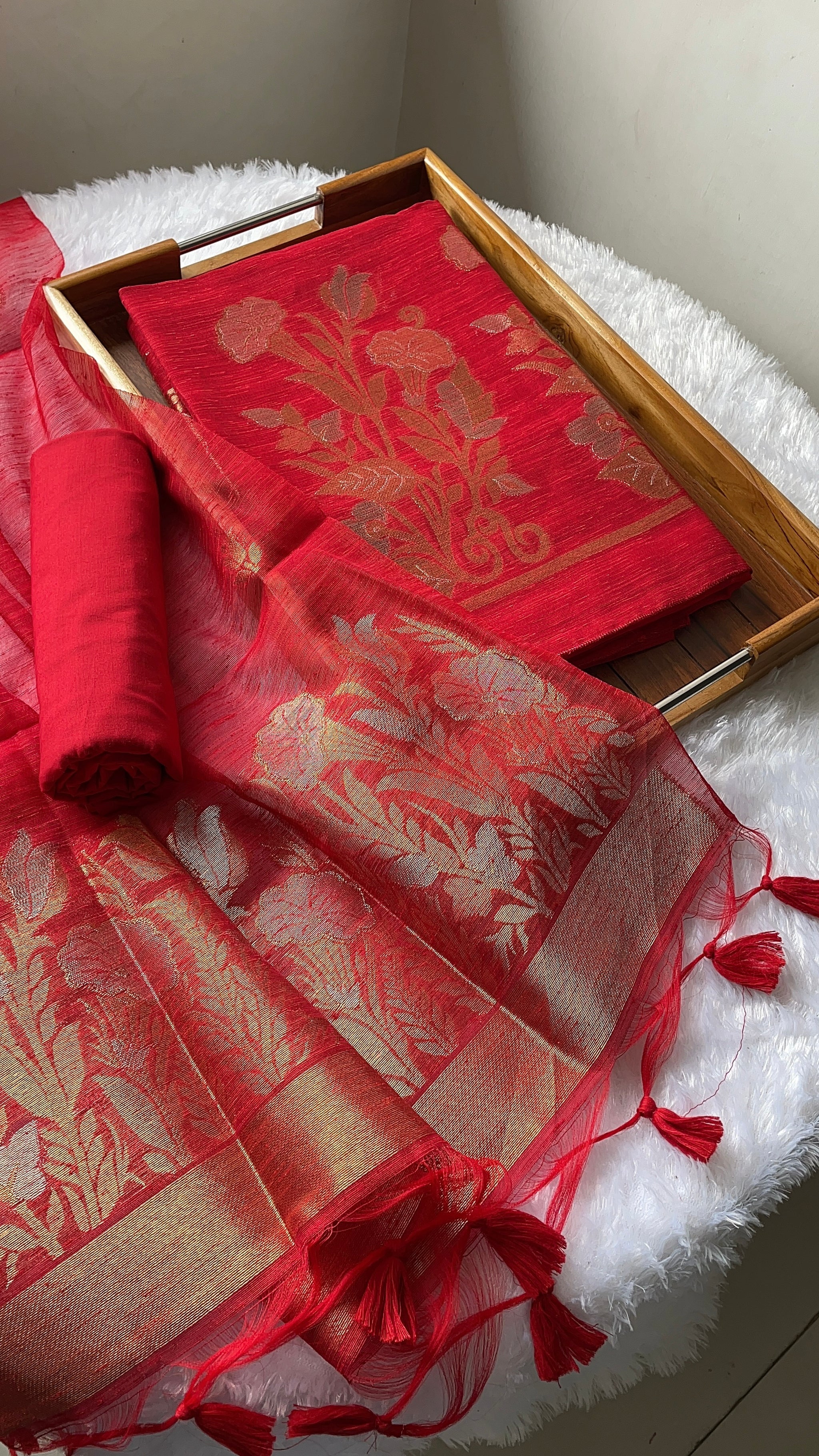 Woven Whispers Red Jamdani Muga Silk Unstitched Suit Set