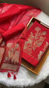 Woven Whispers Red Jamdani Muga Silk Unstitched Suit Set