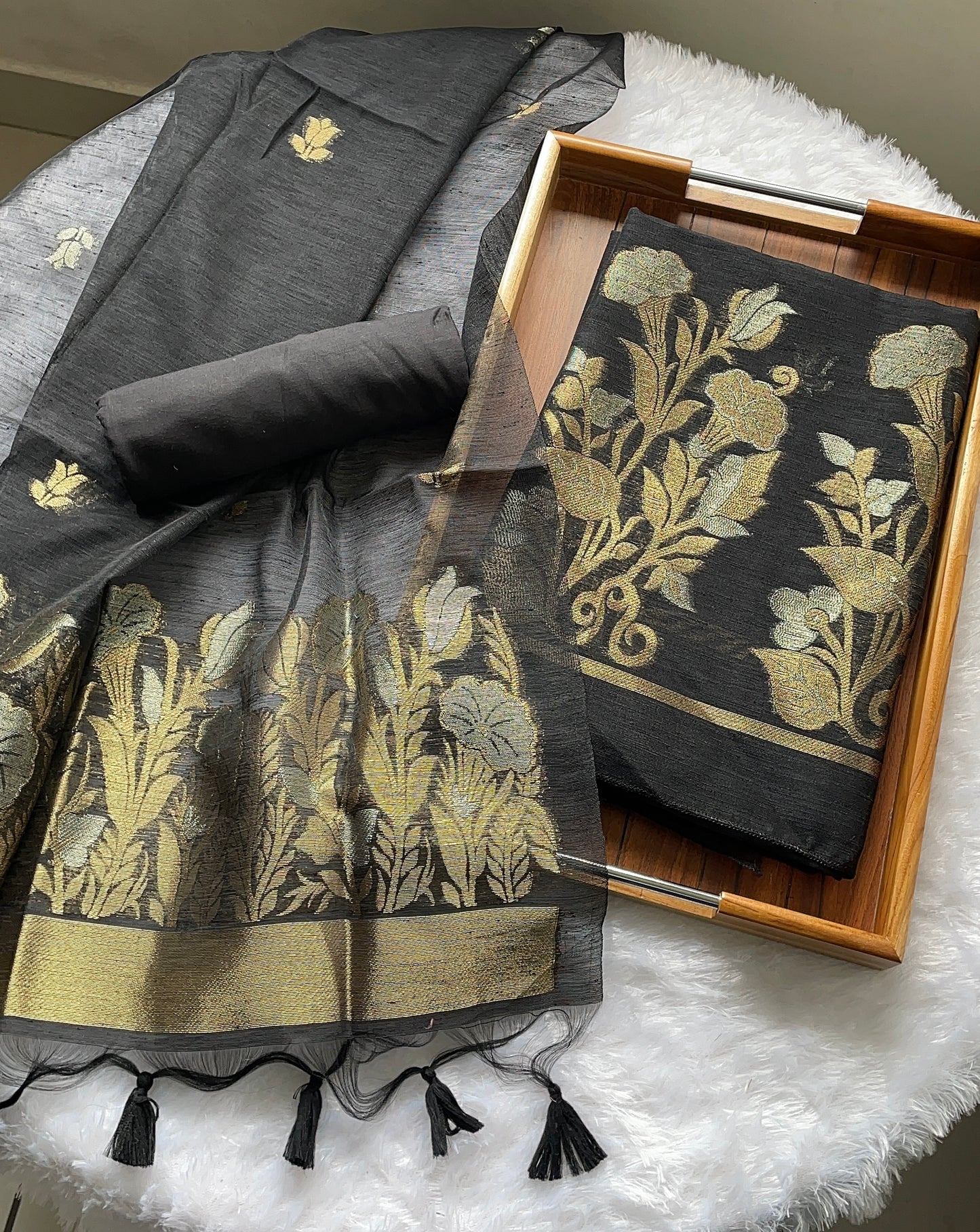 Woven Whispers Black Jamdani Muga Silk Unstitched Suit Set