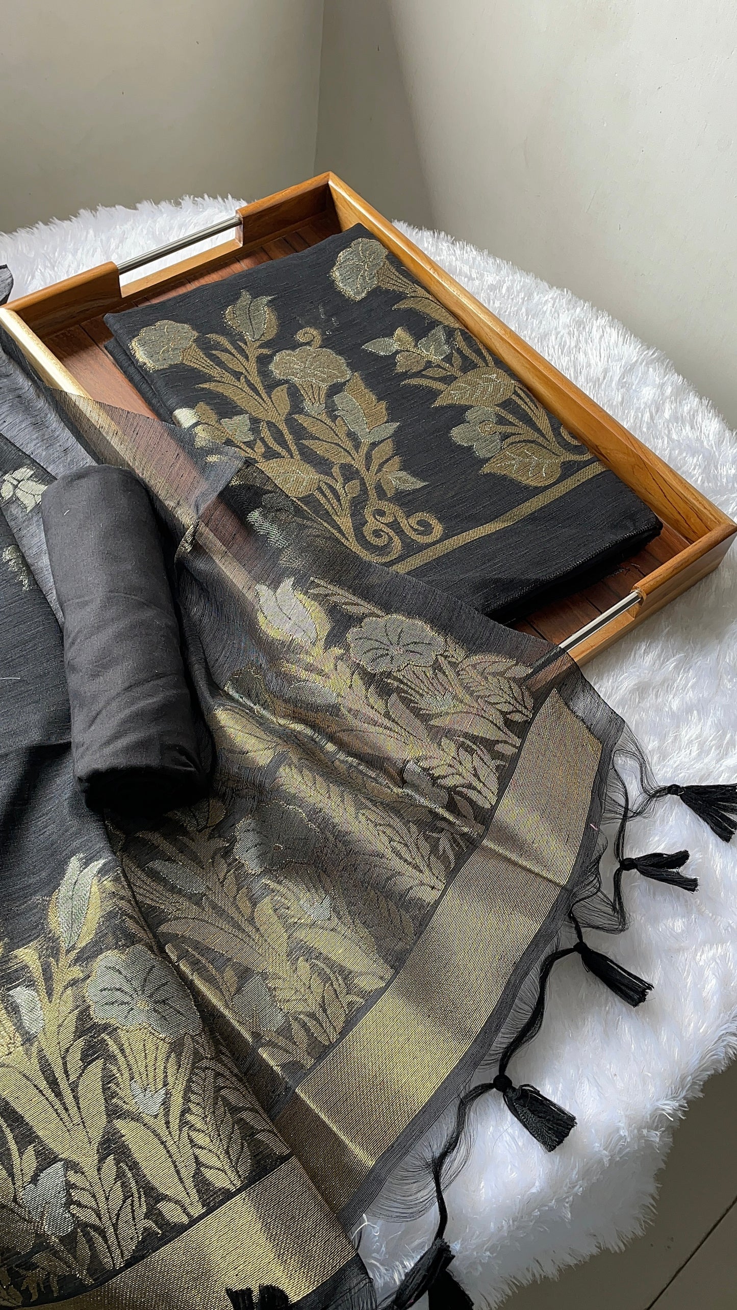 Woven Whispers Black Jamdani Muga Silk Unstitched Suit Set