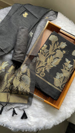 Load image into Gallery viewer, Woven Whispers Black Jamdani Muga Silk Unstitched Suit Set
