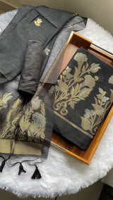 Woven Whispers Black Jamdani Muga Silk Unstitched Suit Set