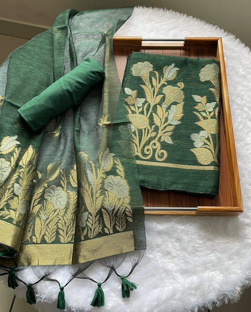 Woven Whispers Bottle Green Jamdani Muga Silk Unstitched Suit Set