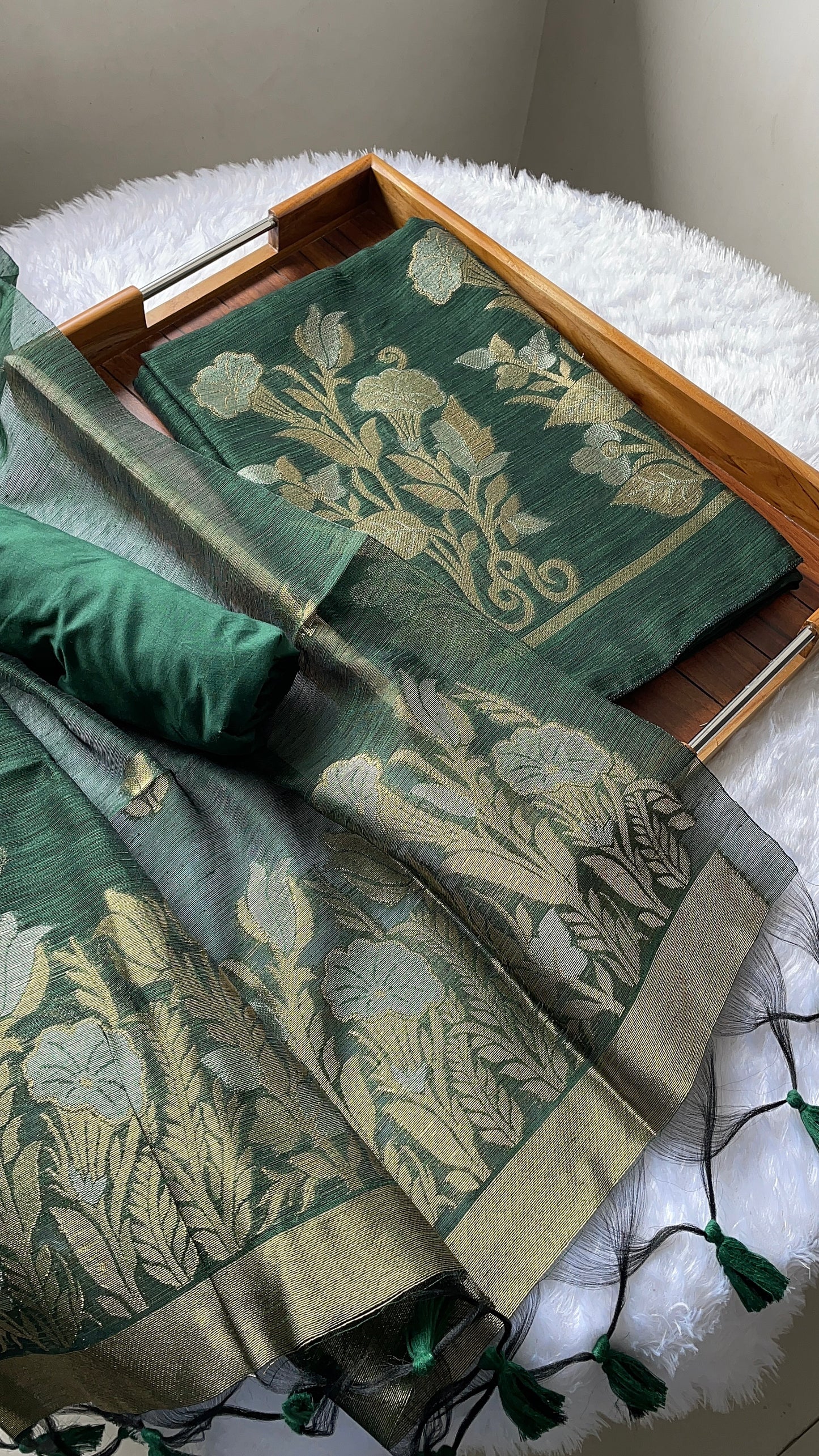 Woven Whispers Bottle Green Jamdani Muga Silk Unstitched Suit Set